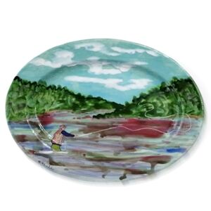 Signed Sandra Rhodda Fly Fishing Ceramic Platter | NB Lake Scene